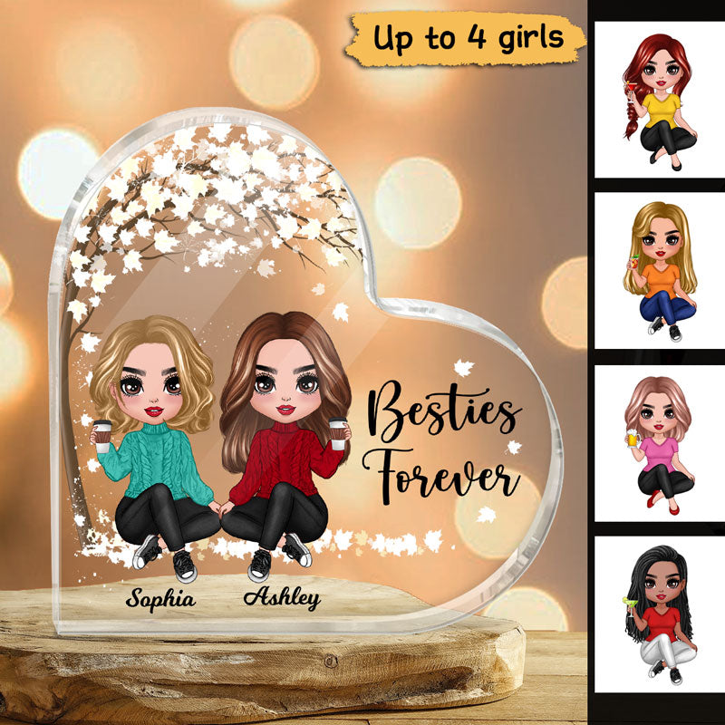Doll Besties Sisters Sitting Under Tree Personalized Acrylic Heart Plaque