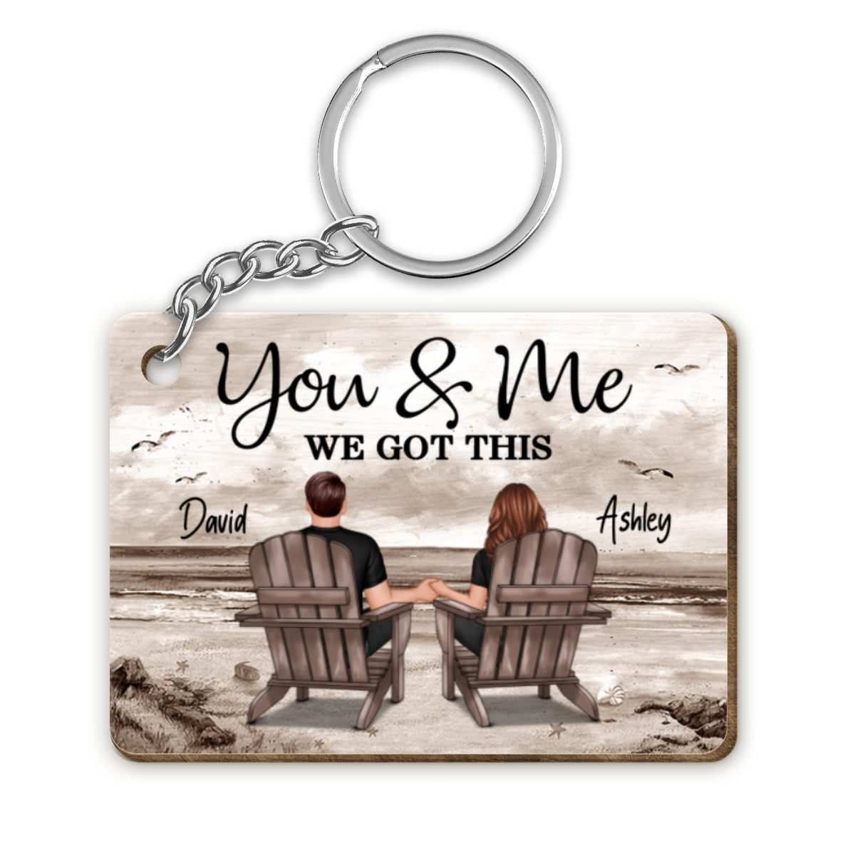 Retro Vintage Back View Couple Sitting Beach Landscape Personalized Wooden Keychain