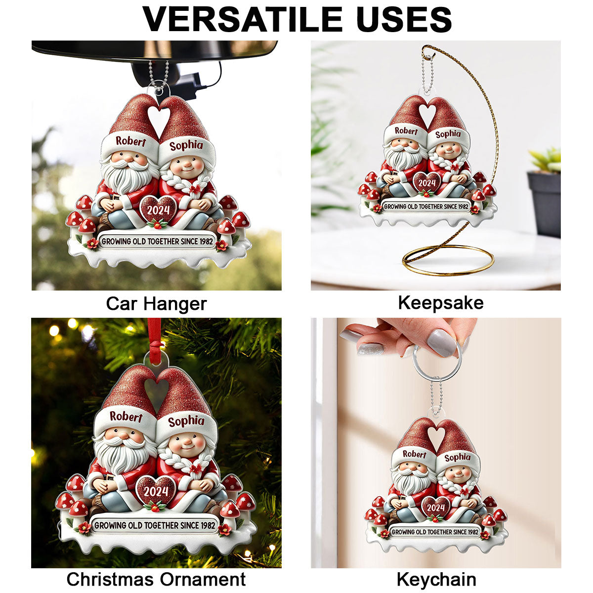 3D Effect Gnome Couple Personalized Acrylic Car Hanger Ornament, Valentine's Gift For Him, For Her, Husband, Wife