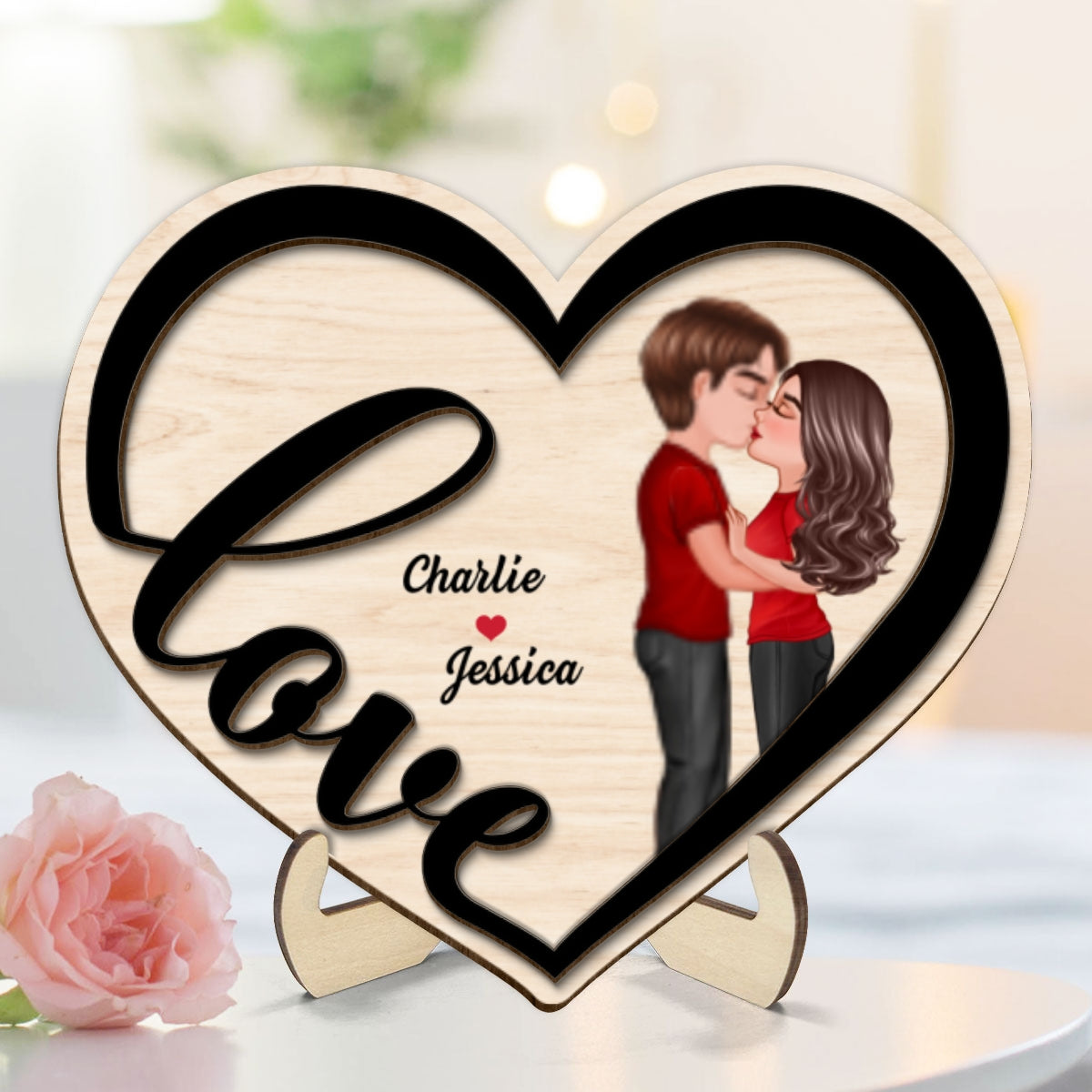 Couple Love Heart Kissing Standing Personalized 2-layer Wooden Plaque