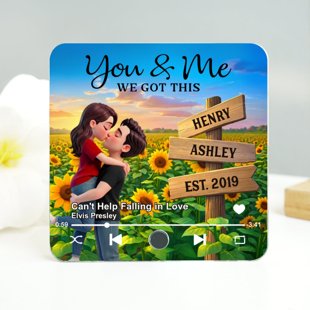 Everlasting Love Couple Hugging Kissing Sunflower Field Sign Posts - Personalized Music Fridge Magnet - Valentine's Day Gift For Couple
