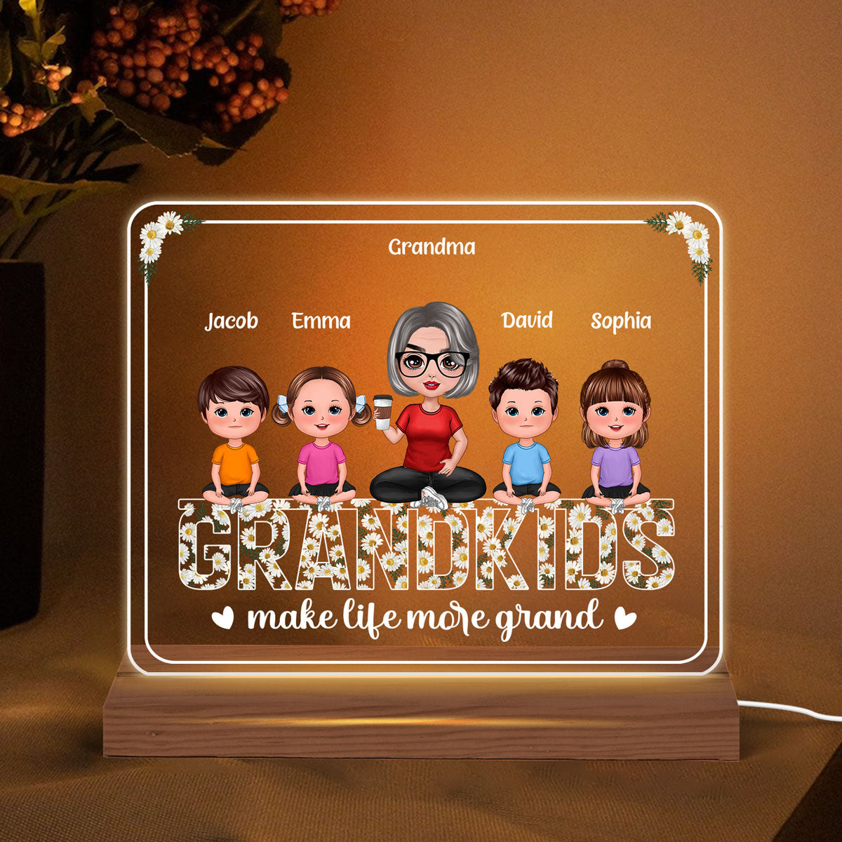 Grandma And Grandkids Sitting On Daisy Flowers Word Personalized Custom Shape Acrylic Plaque LED Night Light