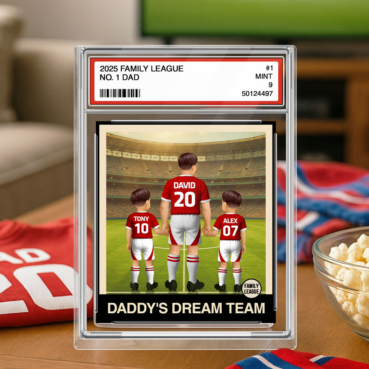 UK AU Football Daddy's Dream Team No. 1 Dad Man & Kids Trading Card Style Personalized Acrylic Block Plaque