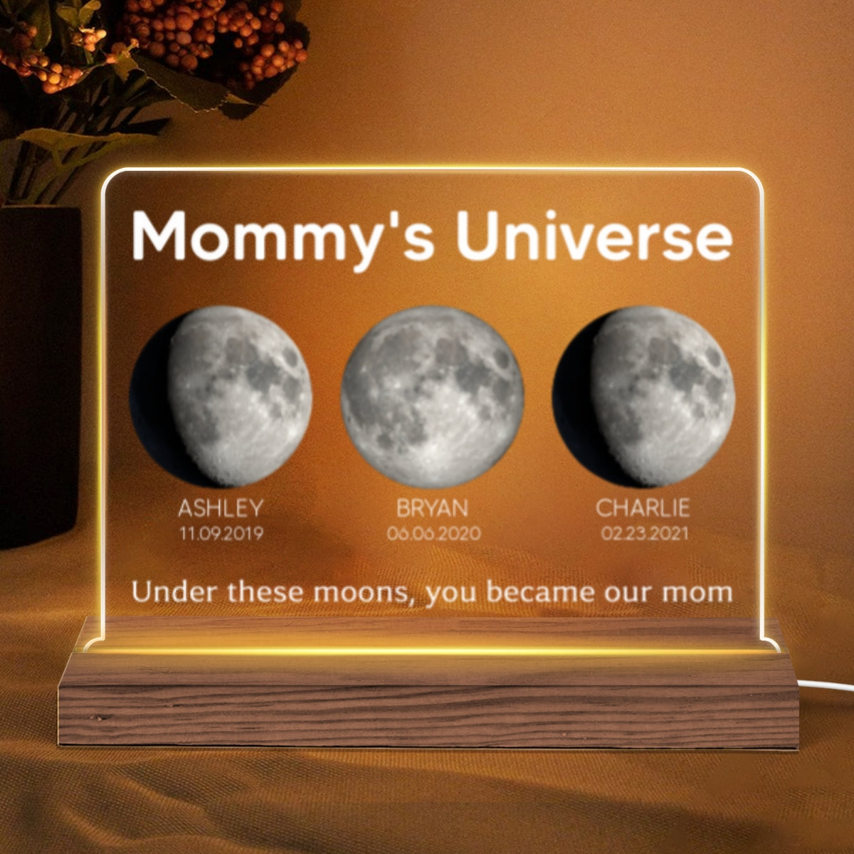 Mommy's Universe Birth Moon Phase Personalized Acrylic Plaque With Warm LED Night Light, Gift