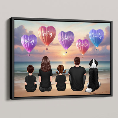 Personalized Family Sitting Back View Heart Air Balloons At Beach Poster, Gift for Family, Dad, Mom, Wife, Husband