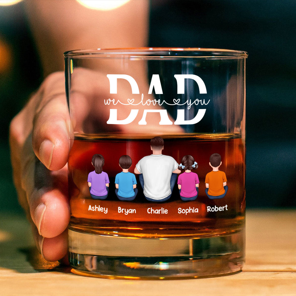 Best Dad Ever Back View Man Kids Dog Cat Personalized Whiskey Glass, Wine Glass, Father's Day Gift for Dad