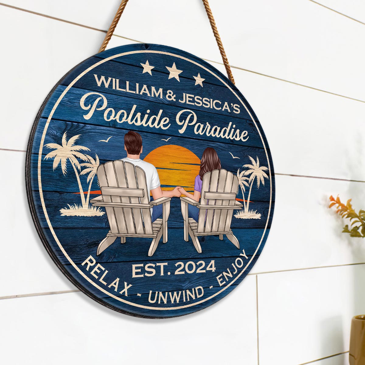 Poolside Paradise Couple Sitting - Personalized Wood Sign