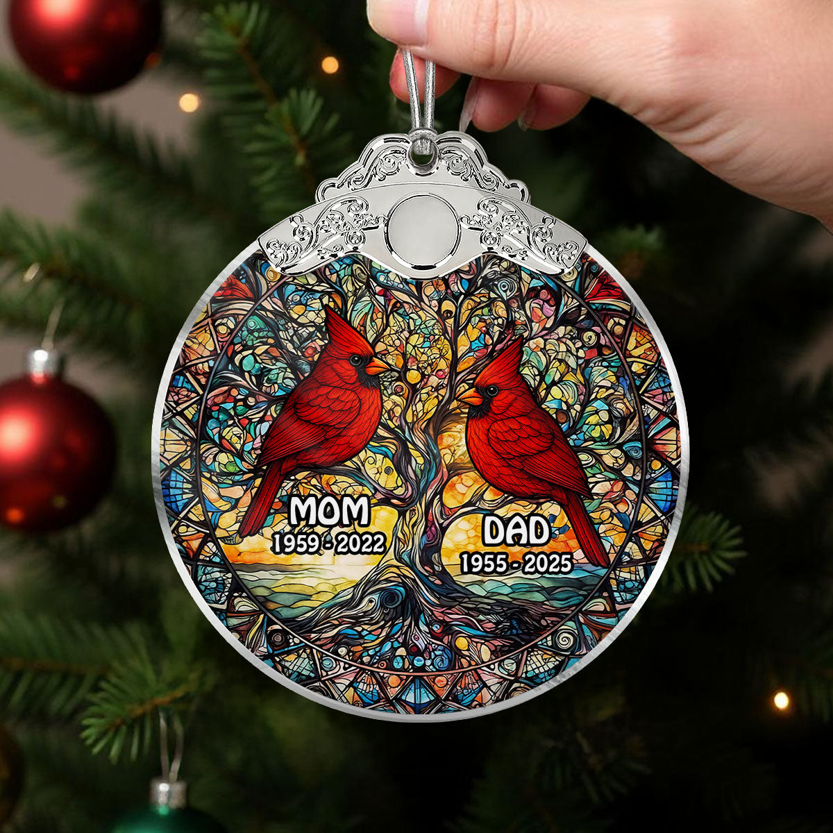 Tree Of Life Cardinal Mom Dad Stained Glass Effect - Personalized Glass Ornament With Silver Cap - Christmas Memorial Keepsake For Family
