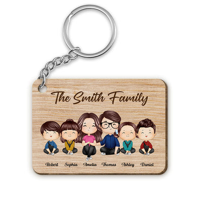 Whole Doll Watercolor Style Family Couple Dad Mom Kids Dogs Cats Sitting Personalized Wooden Keychain