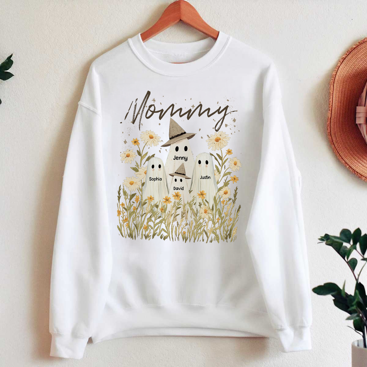 Cute Ghost Grandma And Kids In Wildflowers Spooky Fall Personalized Sweatshirt