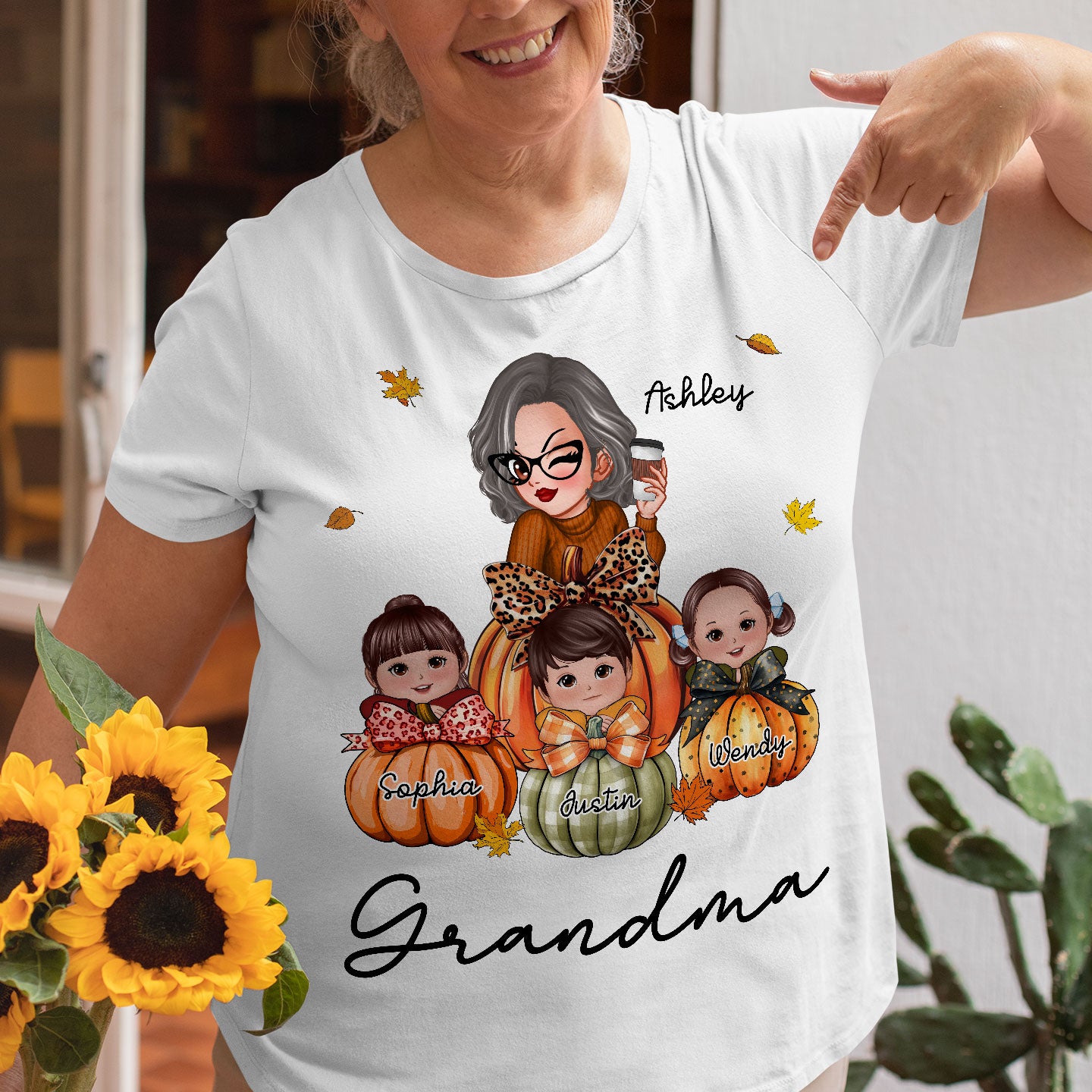 Grandma Mom Kids On Pumpkin Personalized Shirt, Fall Season Gift For Mom Grandma