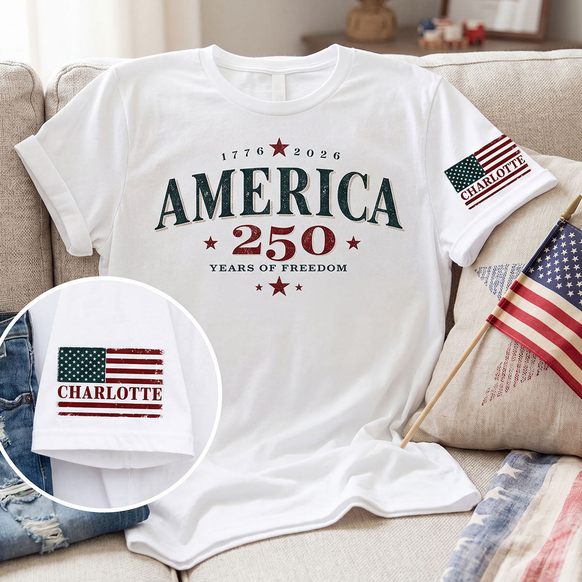 Retro America 250th Anniversary 250 Years Of Freedom - Personalized Sleeve Printed Shirt - Family Matching Shirt, Patriotic Crew Shirt