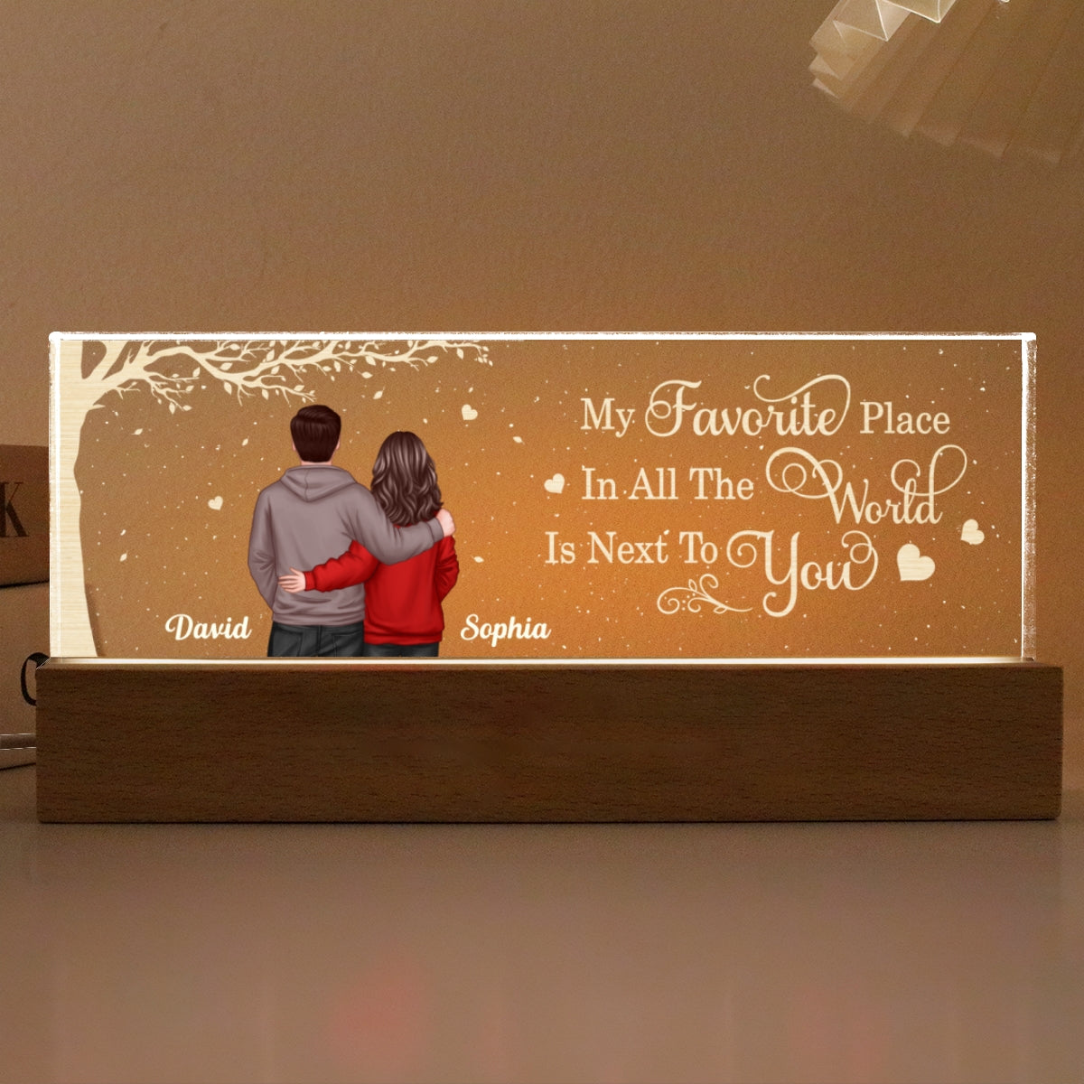 Favorite Place In The World Couple Hugging Standing Back View Personalized Acrylic LED Night Light,  Gift for Him, Gift for Her