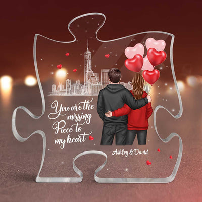The Missing Piece To My Heart Hoodie Couple Personalized Puzzle Acrylic Plaque - Valentine‘s Day Gift For Him, Gift For Her