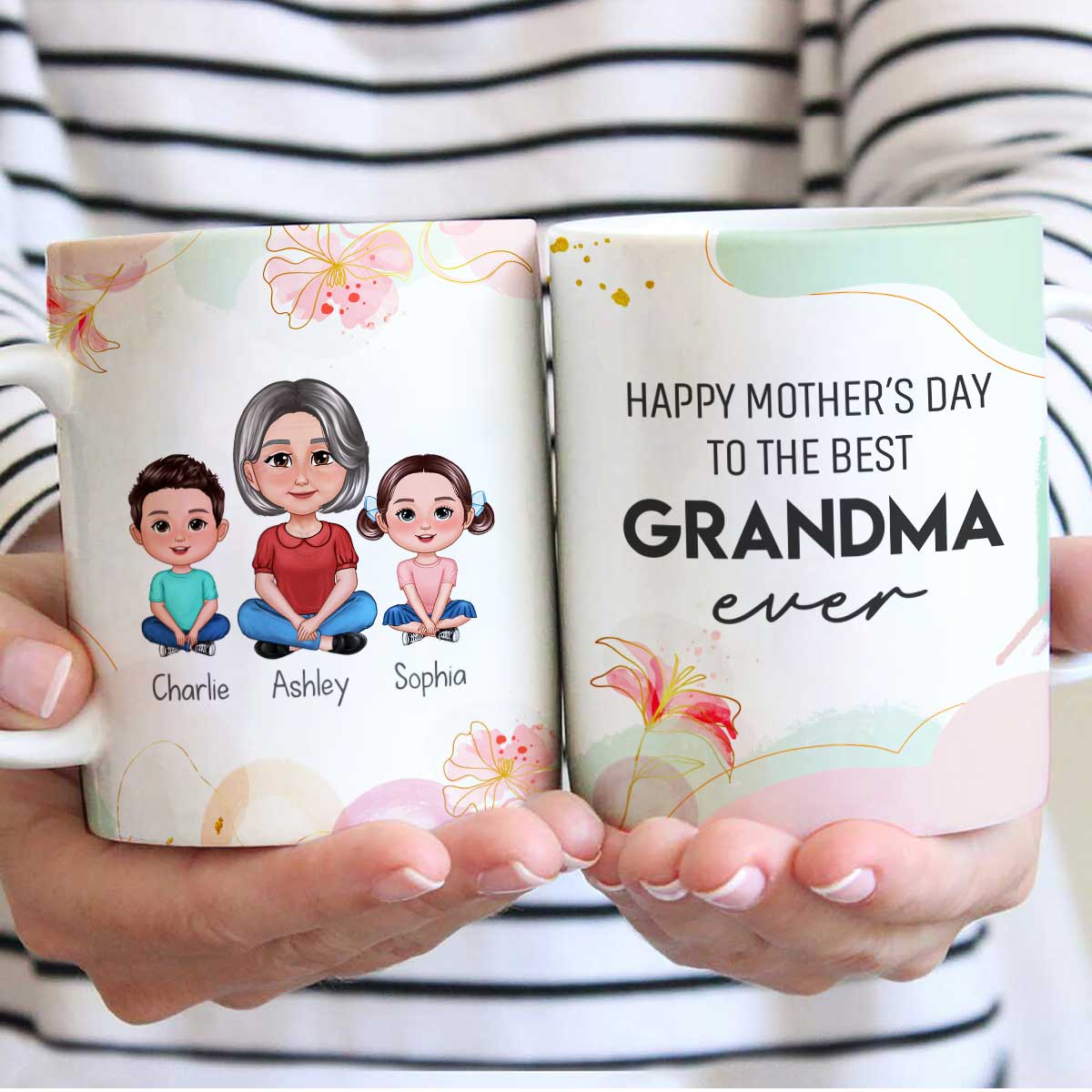 Happy Mother‘s Day Best Grandma Ever Pretty Woman & Kids Watercolor Abstract Personalized Mug