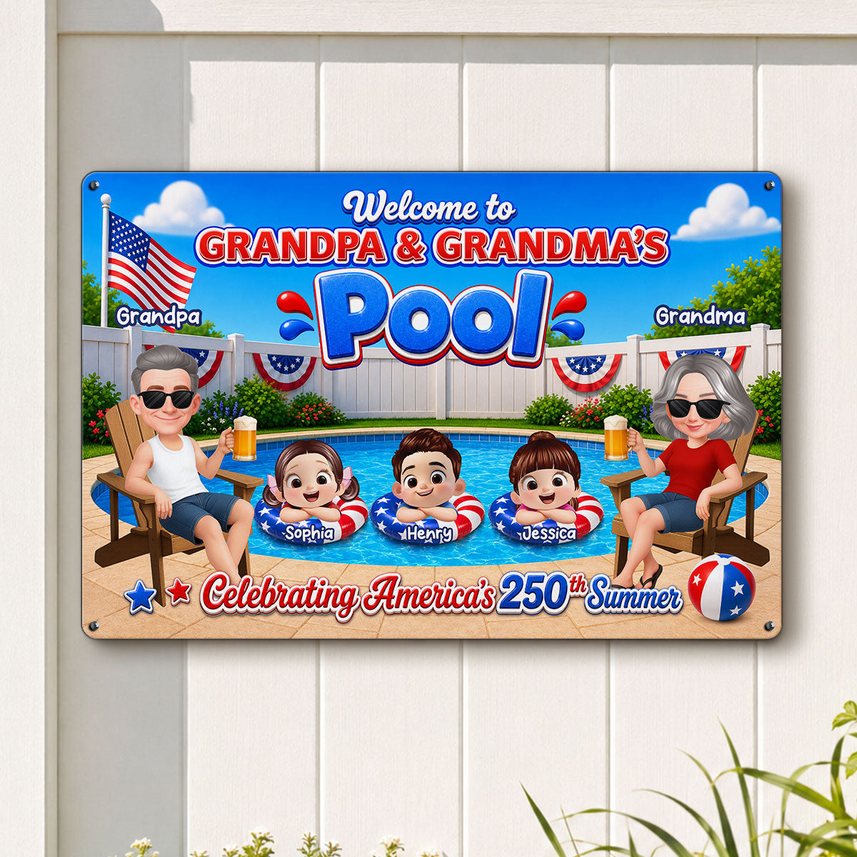 Welcome To Grandma Grandpa Pool America 250th Anniversary - Personalized Metal Sign - Gift For Grandparents, Summer Decoration