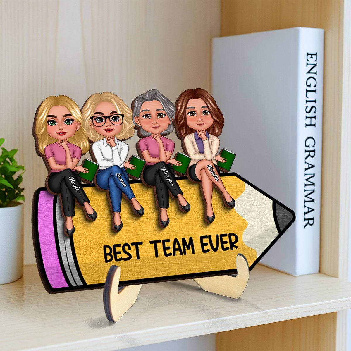 Doll Teacher Best Friends Colleagues Sitting On Pencil - Personalized 2-Layered Wooden Plaque - Back To School Gift, Classroom Decoration