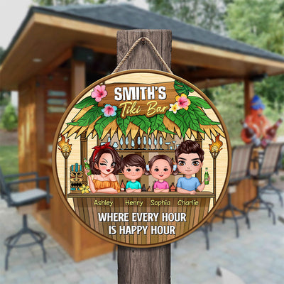 Welcome To Our Tiki Bar Family Couple Personalized Wood Door Hanger Sign
