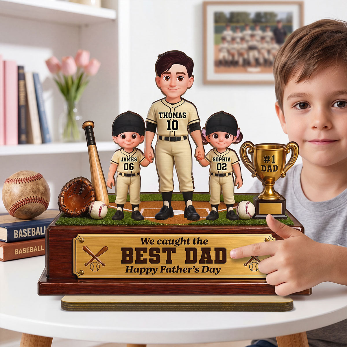 Baseball We Caught The Best Dad - Personalized 2-Layered Wooden Plaque - Father's Day Gift For Dad