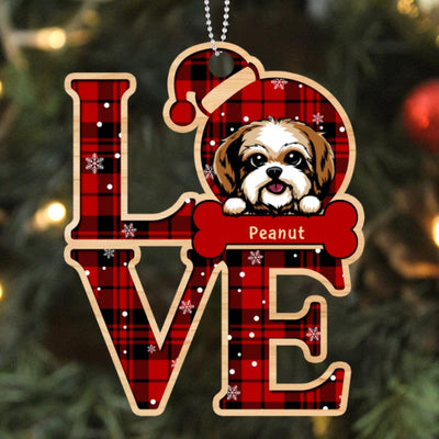 Checkered Pattern Dog LOVE Personalized Wooden Ornament