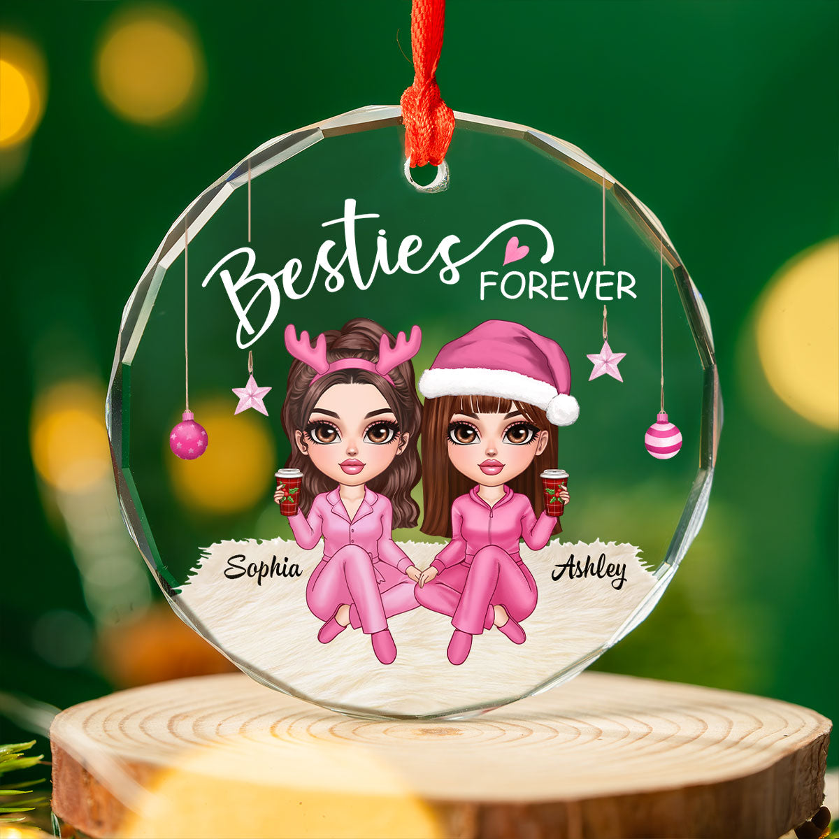 Besties Forever Pink Clothes Y2K Best Friends Personalized Glass Ornament, Friendship Christmas Gift