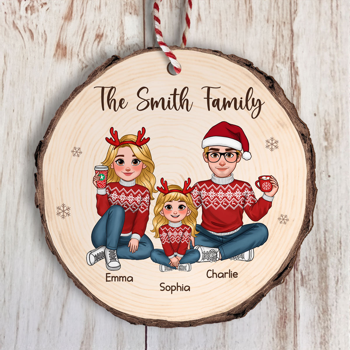 Animated Family Wood Slice Christmas Personalized Wooden Ornament