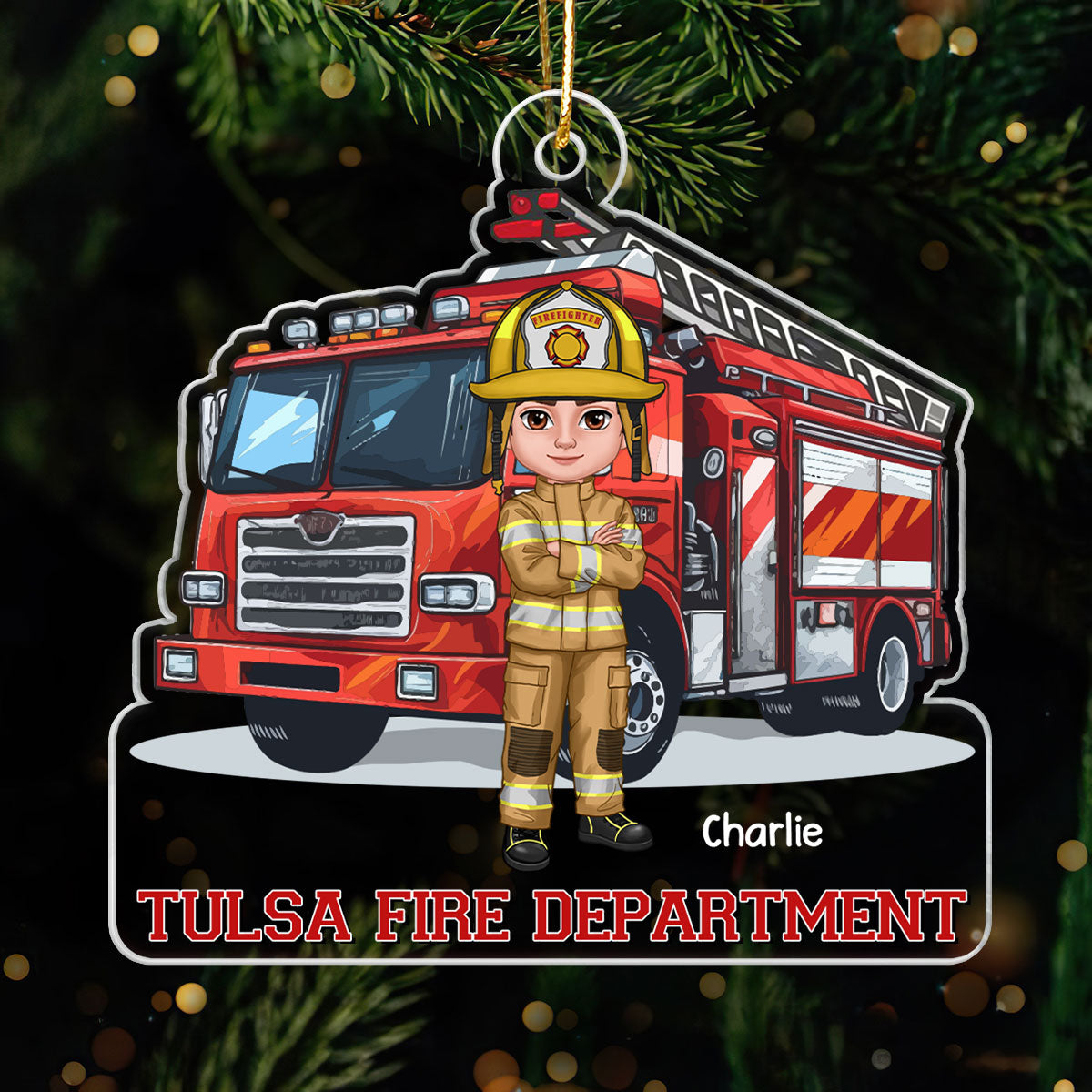 Firefighter Group Squad In Front Of Fire Truck Personalized Acrylic Ornament