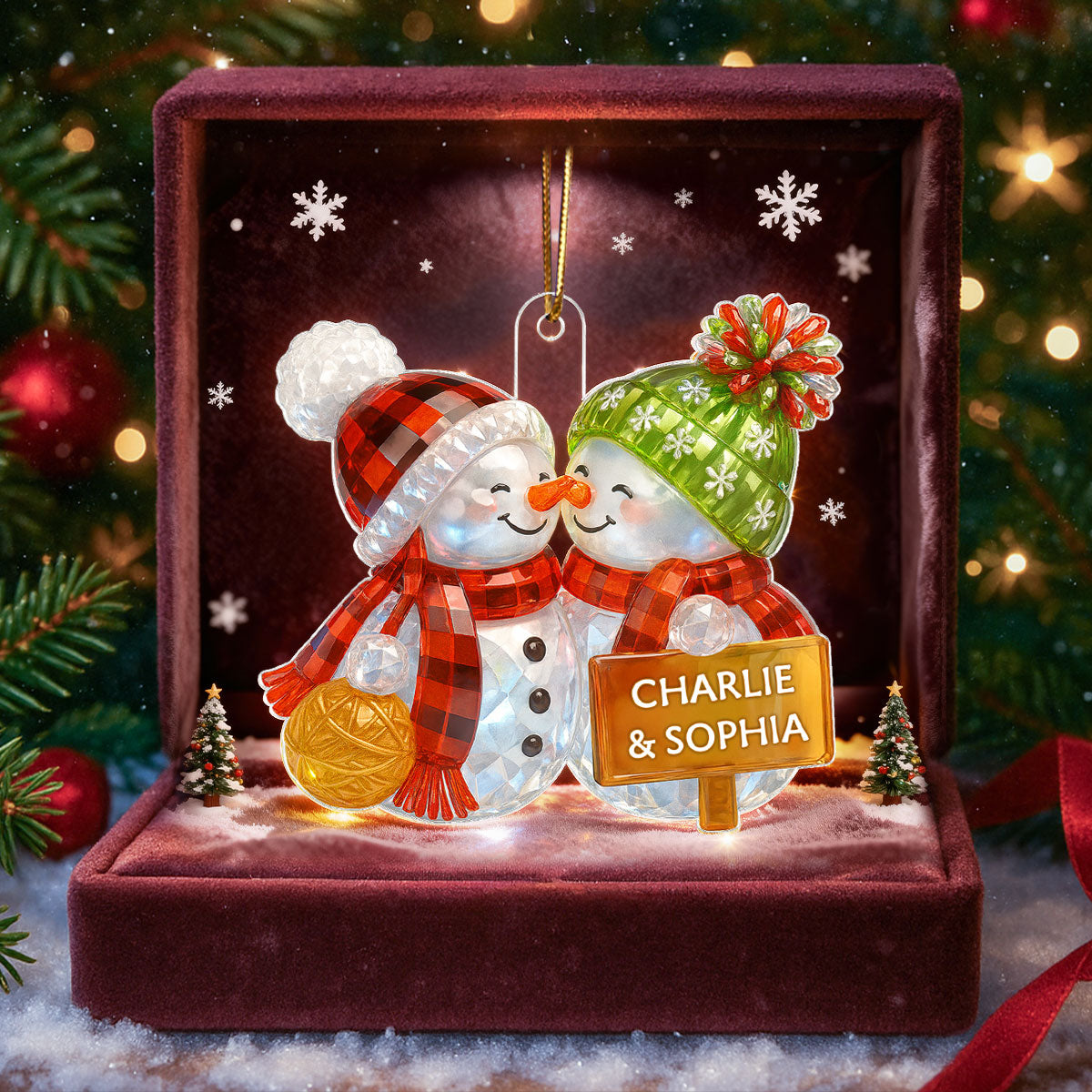 Kissing Snowman Couple 3D Crystal Effect - Personalized Acrylic Ornament