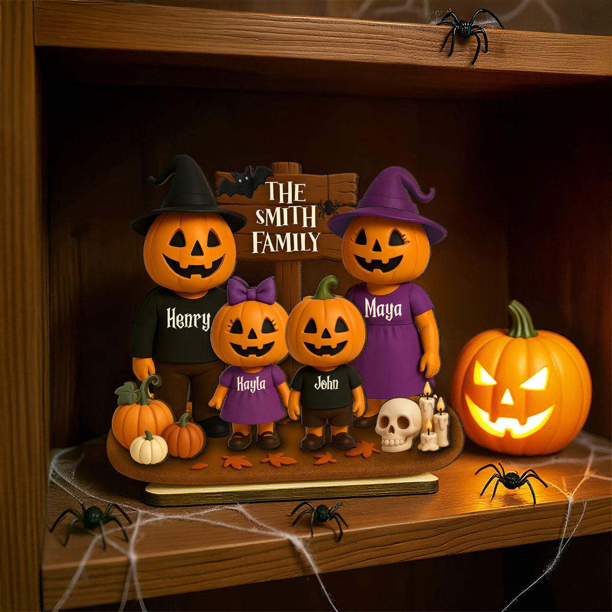 Jack O' Lantern Grandparents, Grandkids 3D Effect Personalized 2-Layered Standing Wooden Plaque, Halloween Decor