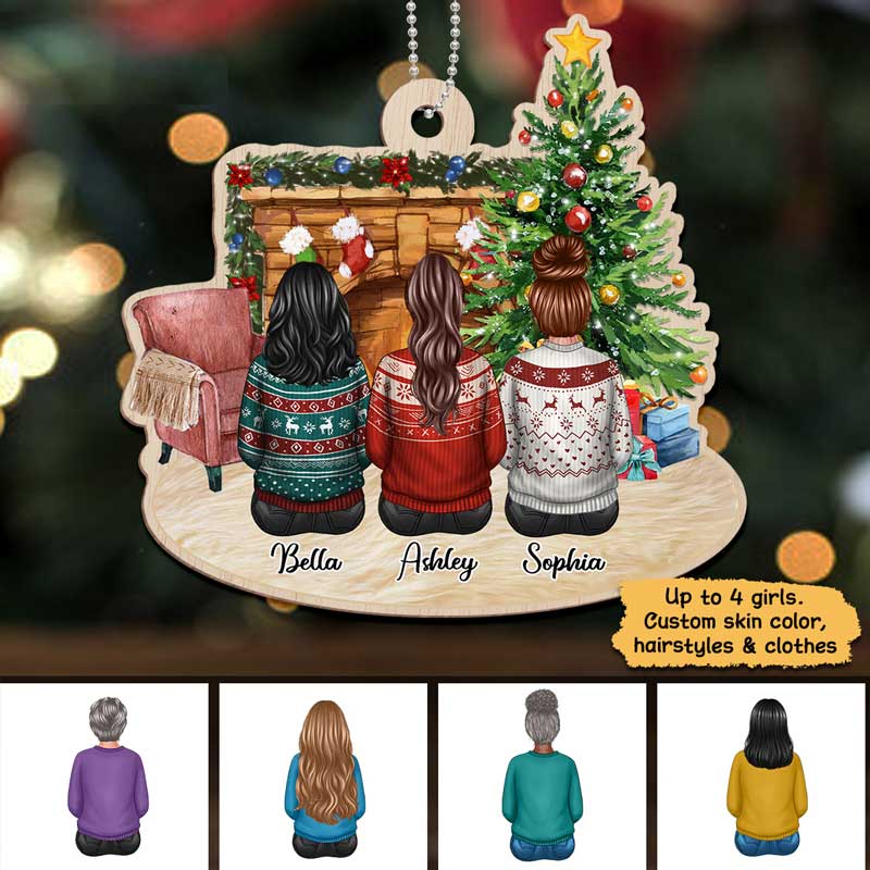 Fireplace Besties Sisters Siblings Family Personalized Christmas Wooden Ornament