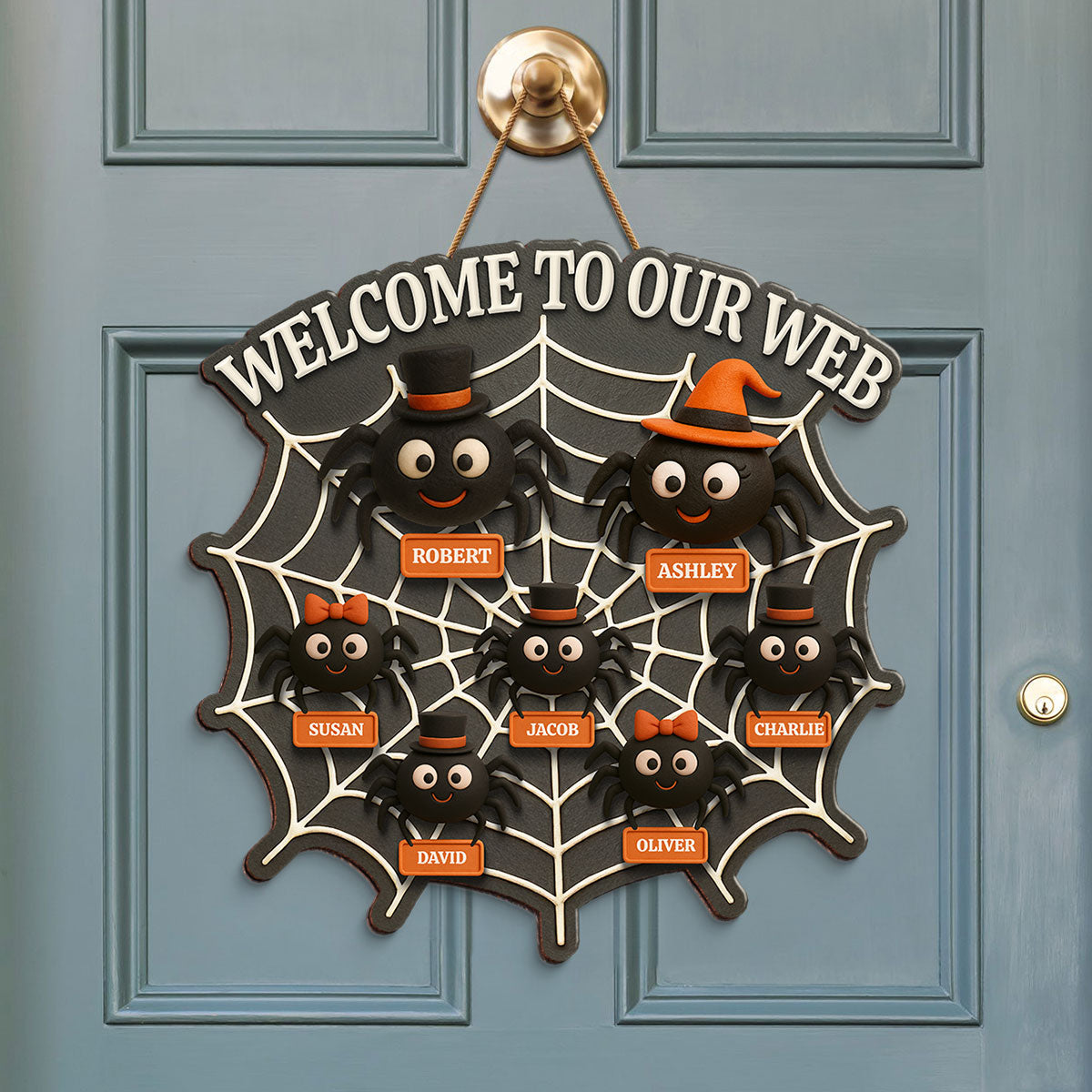 Welcome To Our Web Spiders Family 3D Effect Personalized Door Sign, Halloween Decor
