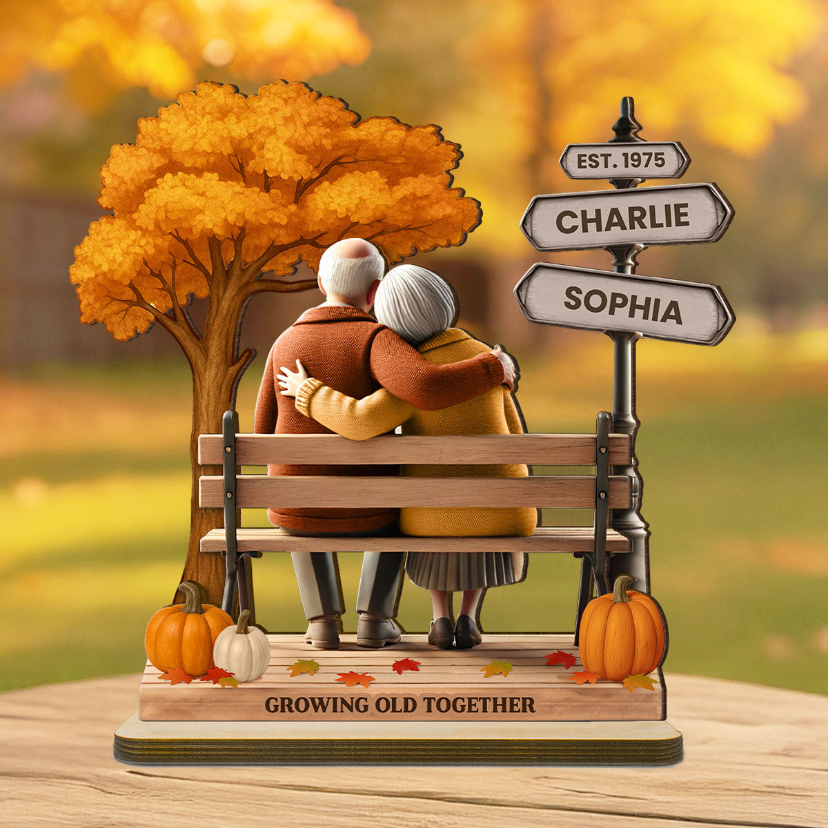 Custom Old Couple Fall Season Park, Romantic Personalized Standing Wooden Plaque