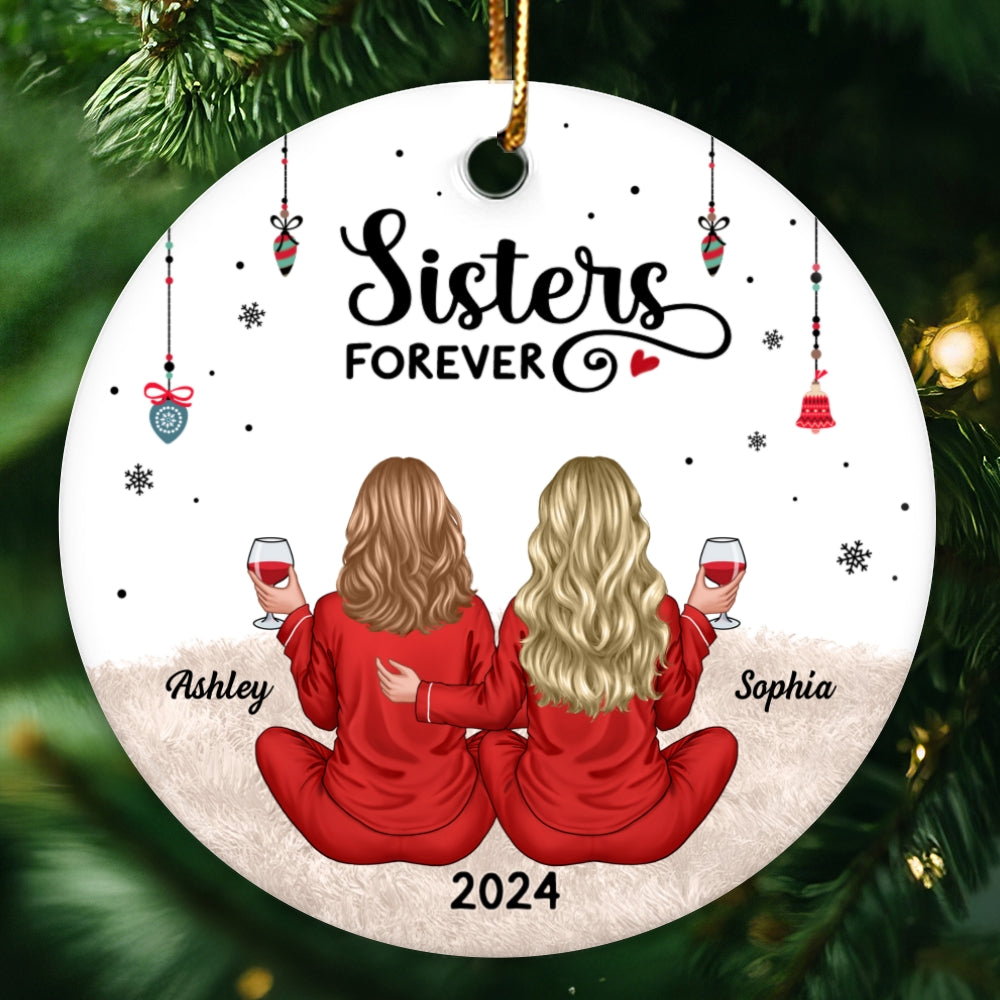 Back View Pajamas Sisters Forever Personalized Ceramic Ornament, Christmas Gift For Sisters