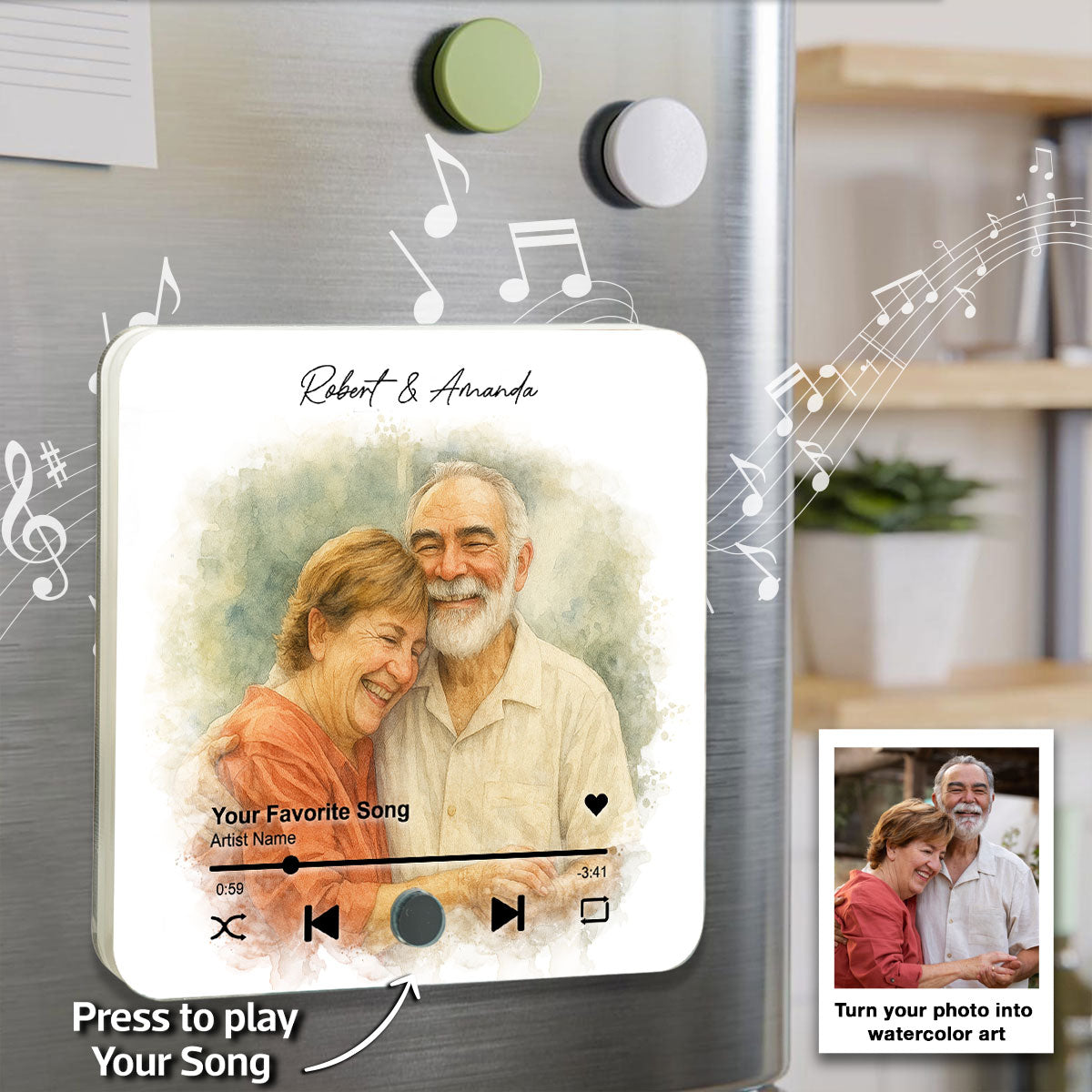 Custom Couple Watercolor Portrait from Photo Personalized Music Fridge Magnet, Gift for him, Gift for her