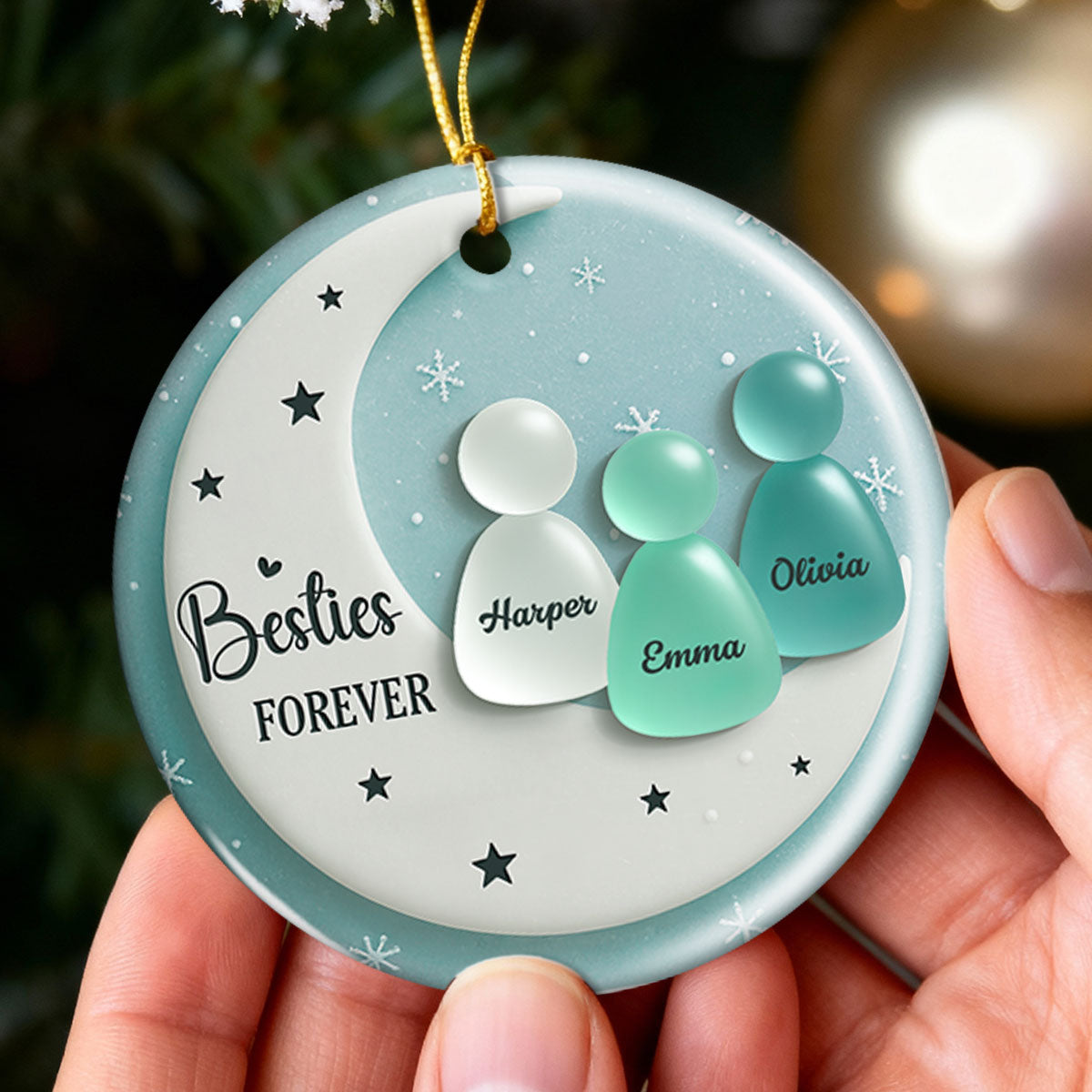 3D Sea Glass Effect Besties On Moon - Personalized Ceramic Ornament With Acrylic Pieces - Unique Gift For Best Friends