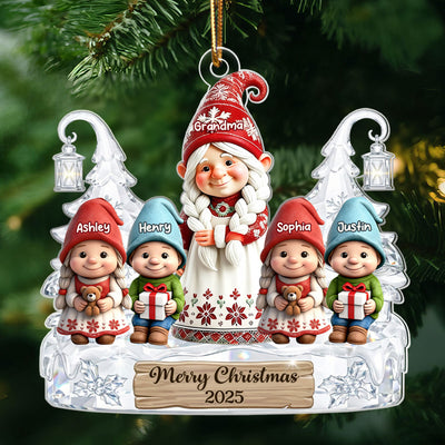 Gnome Grandma And Grandkids Pattern Crystal - Personalized Acrylic Ornament - Heartwarming Christmas Gift For Grandma, Family