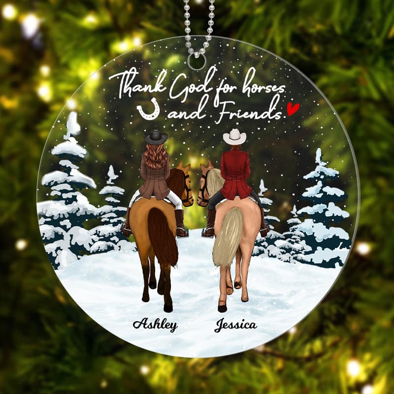Horse Riding Friends Back View In Snow Personalized Acrylic Ornament