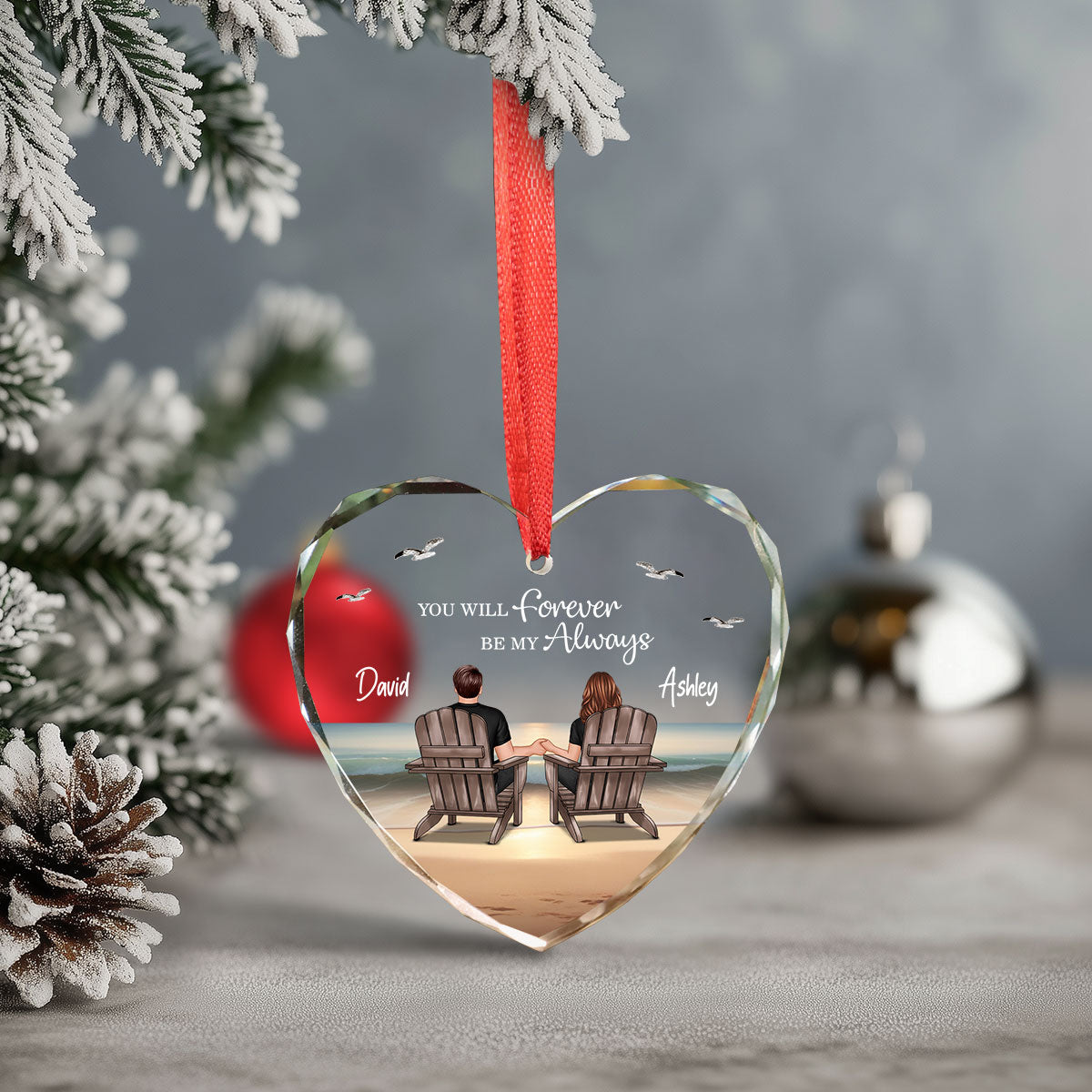 Couple Sitting Eternal Sunset Beach Personalized Heart Glass Ornament, Heartfelt Christmas Gift For Girlfriend, For Wife