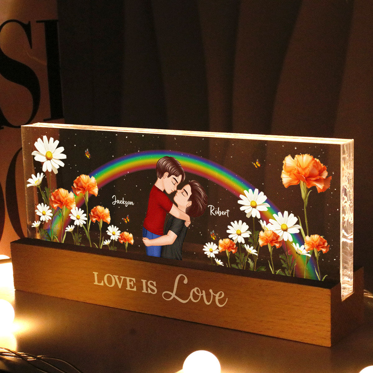 LGBTQ Couple Hugging Kising Birth Month Flower Personalized Acrylic Block LED Night Light