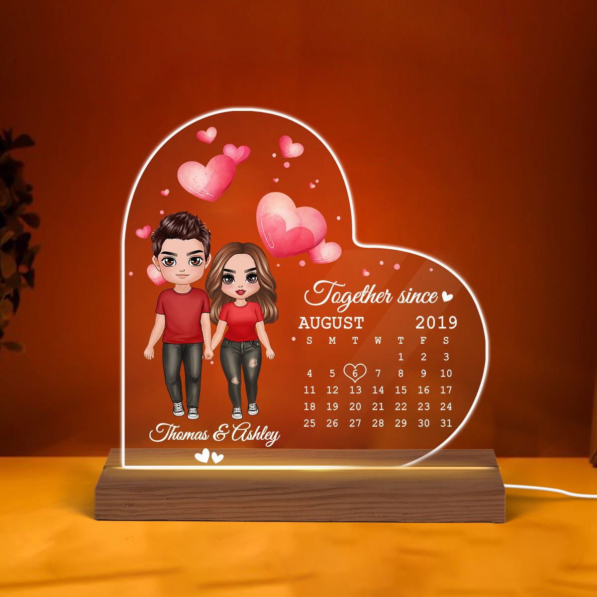 Doll Couple Standing Anniversary Date Calendar Personalized Heart Shaped Acrylic Plaque With LED Night Light - Anniversary Gift For Couple - Gift For Him, Gift For Her