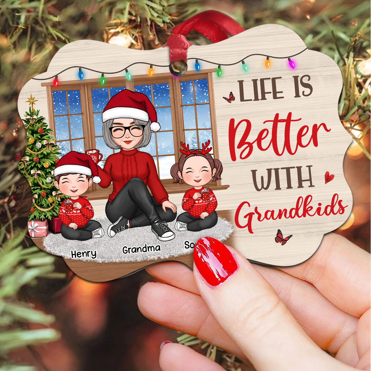 Cute Grandma Grandkids Sitting By Window Personalized Christmas Aluminum Ornament