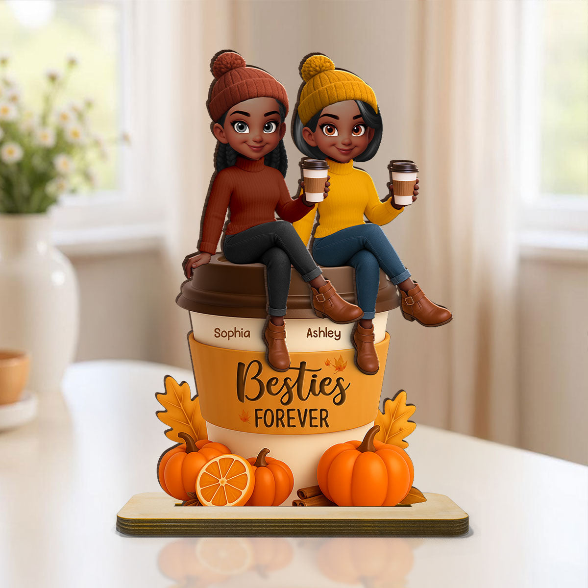 Fall Season Besties Sitting On Pumpkin Spice Latte Personalized Standing Wooden Plaque