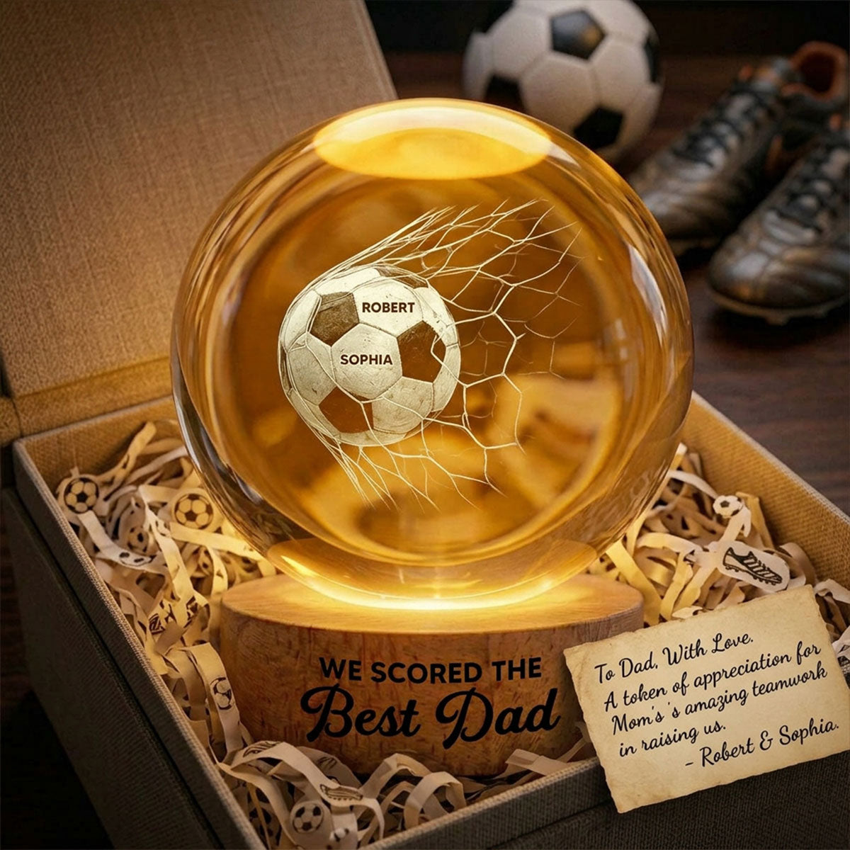 We Scored The Best Dad - Personalized Crystal Ball LED Night Light - Father's Day Gift For Soccer Dad