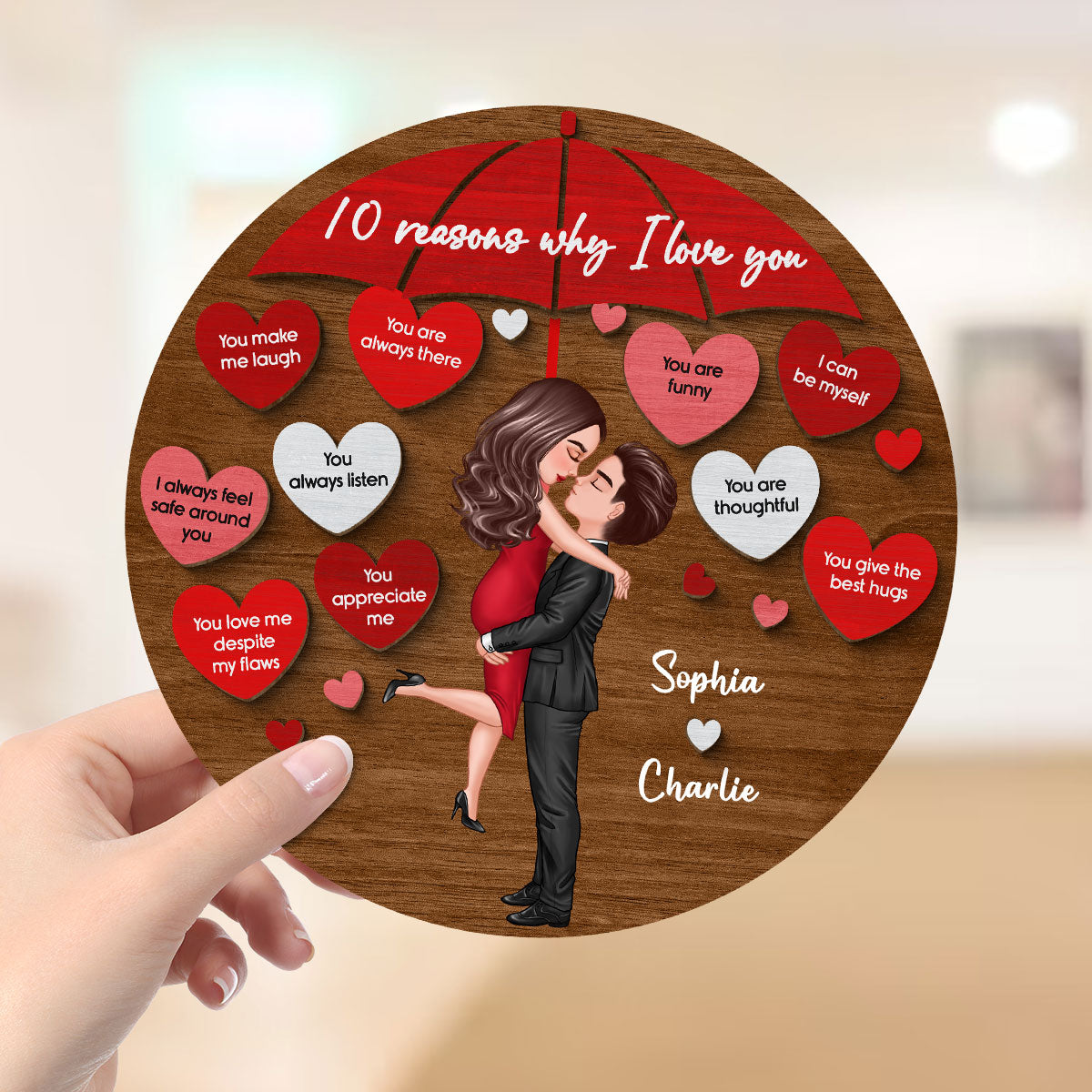 Reasons I Love You Couple Kissing Under Umbrella Personalized 2-layer Wooden Plaque