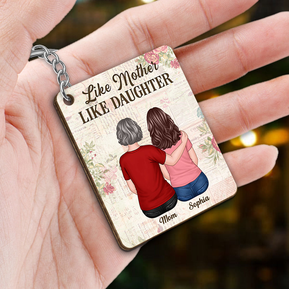 Back View Mom And Daughter Personalized Wooden Keychain