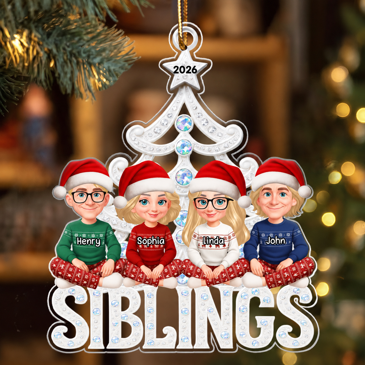 Siblings Forever Metallic Crystal Effect - Personalized Acrylic Ornament - Christmas Gift for Siblings