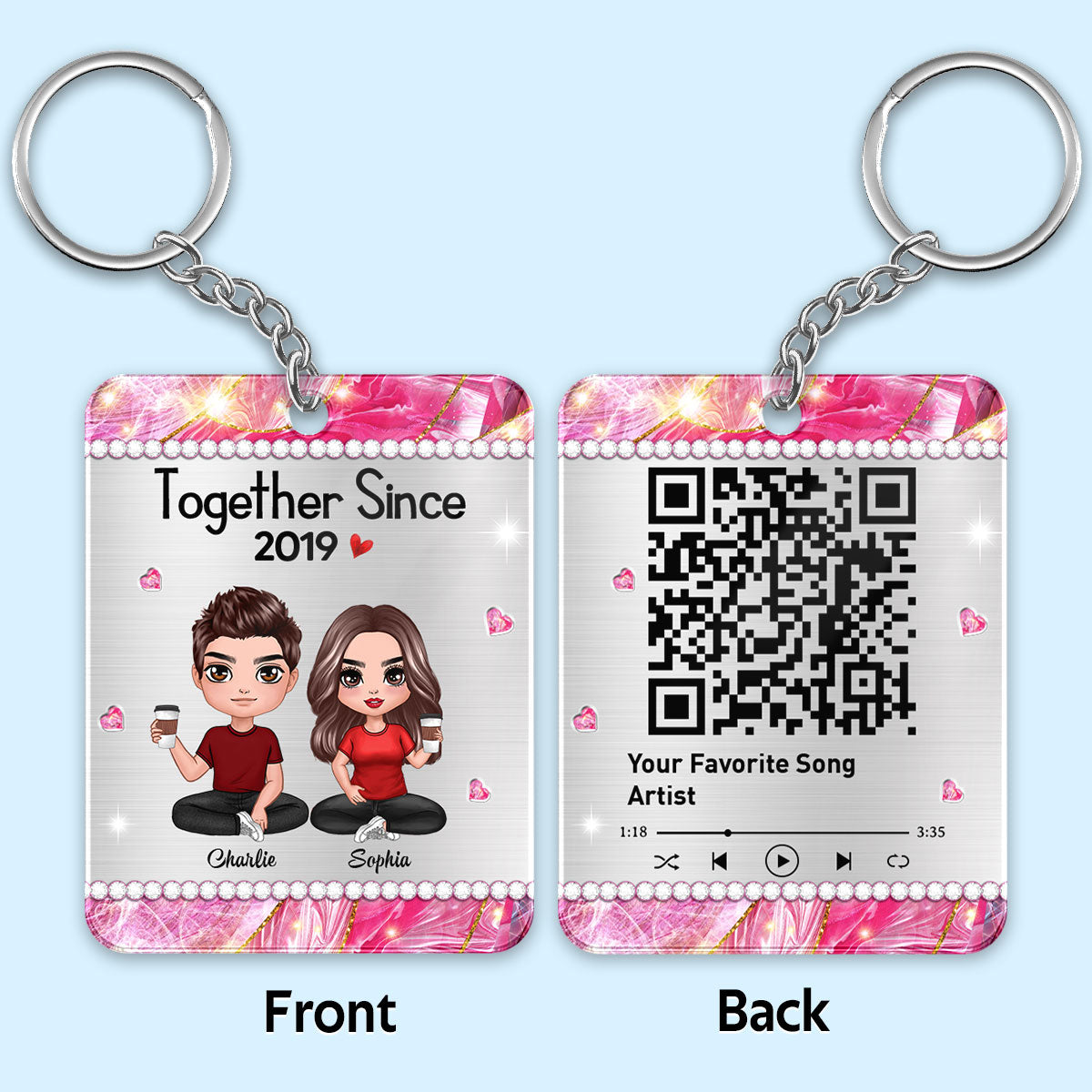 Beautiful Pattern Doll Couple Sitting Favorite Song Scannable QR Code Personalized Acrylic Keychain