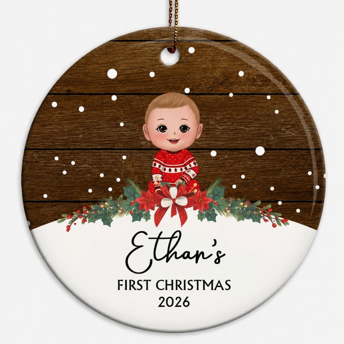 Snow Wood Baby Doll First Christmas Personalized Circle Ornament