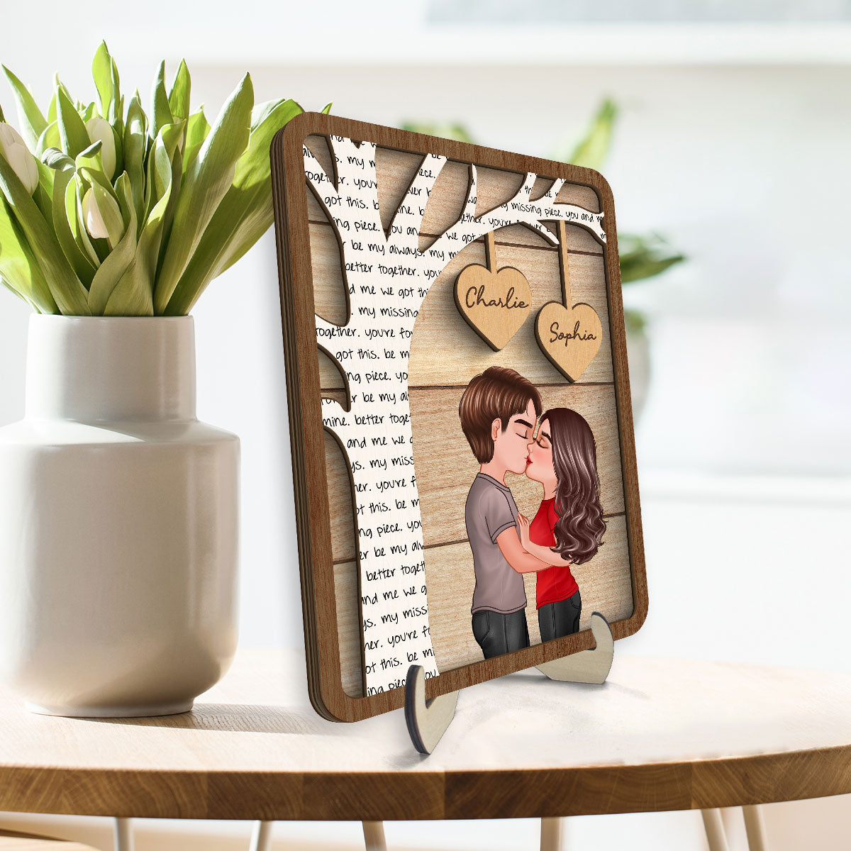 Couple Kissing Under Text Tree Personalized 2-layer Wooden Plaque,  Gift For Him, For Her