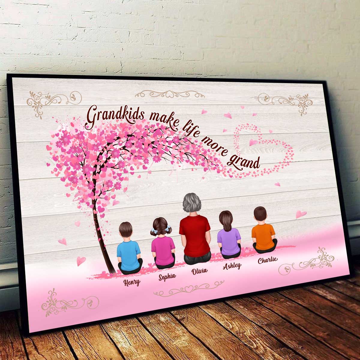 Grandma Grandkids Sitting Under Pink Tree Mother‘s Day Gift For Grandma Personalized Horizontal Poster